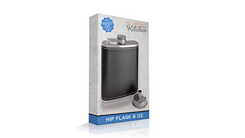 Flask for Liquor and Funnel - 8 Oz Leak Proof 18/8 Stainless Steel Pocket Hip Flask with Black Leather Cover for Discrete Shot Drinking of Alcohol, Whiskey, Rum and Vodka | Gift for Men