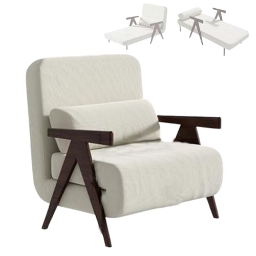 Canapé convertible 3 en 1 con 5 posiciones reclinables de espuma de alta resistencia y reposabrazos de madera para espacios pequeños, color blanco (1190 x 55 x 30 cm)