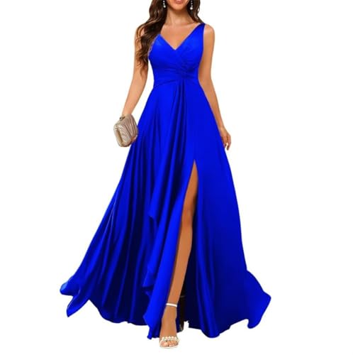 Vestidos de dama de honor de satén para mujer para boda, vestidos de cóctel con abertura, vestidos de fiesta, talla grande, azul real, 46