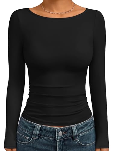 Trendy Queen Women's Boat Neck Tops Long Sleeve Shirts Casual Fitted Tee Shirts Solid Color Fall Basic Clothes