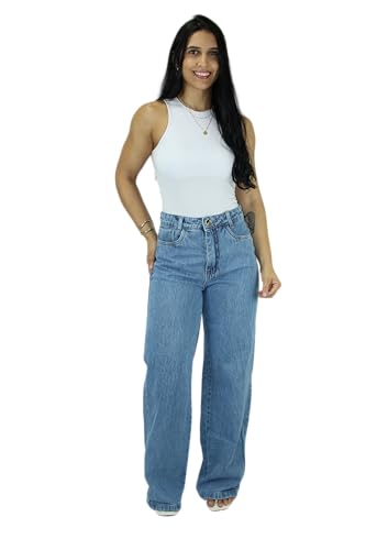 Calça Wide Leg Pantalona 100% Algodão Premium Calça Cargo Wide Leg Feminina Cintura Alta 100% Algodão Blogueira Streetwear (BR, Numérico, 42, Regular, Regular, Azul Claro)