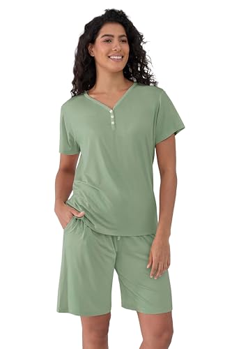 Image of Joyaria Cooling Pajamas Bamboo Viscose PJs Bermuda Shorts Set Women Henley Neck Summer Moisture Wicking Sleepwear