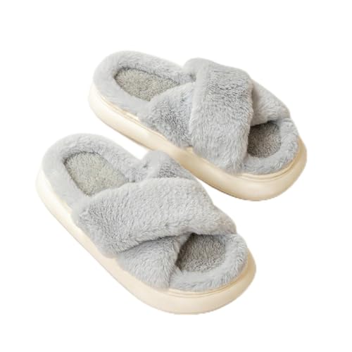 Fuzzy Cross Band Plush Open Toe House Slippers for Women Indoor Soft Warm Slip-On Bedroom Shoes