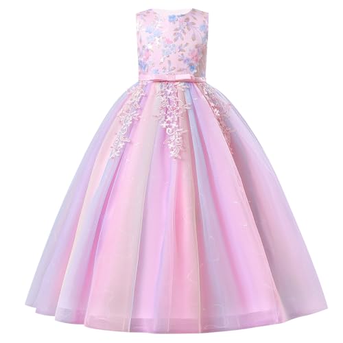 IWEMEK Robe De Mariée Princesse Sequins Fille Enfant Ceremonie Mariage Longue de soirée Arc-en-Ciel colorées imprimées en 3D Bapteme de Communion d'anniversaire du Soir Rose 110
