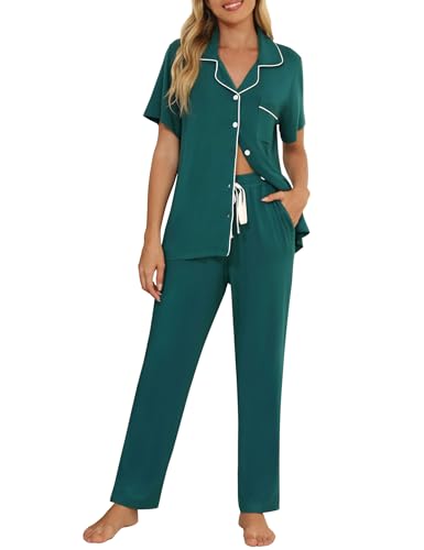Image of Senert Womens 2 Piece Pajamas Set Button Down Top and Pants Soft Sleepwear | Short Sleeve Lounge Sets with Pockets, Maternity / Nursing /Postpartum Pjs Set, Bride Pjs Set for All Seasons