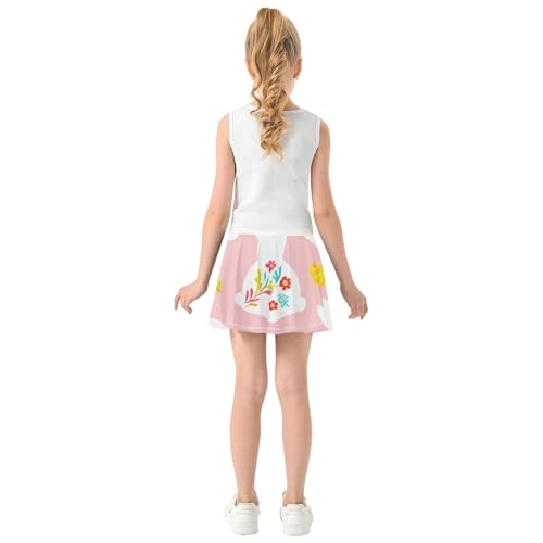 White Bunny Colorful Floral Pink Girls Skorts Athletic Shorts Skirts with Shorts Pink Cute Flowy Skirt 3t4