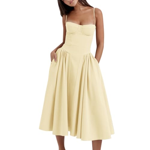AGYMNX Women�s Corset Dress Sexy Spaghetti Strap Bustier Midi Dress Low Cut Flowy Pleated Hem Formal Dresses with Pockets Yellow