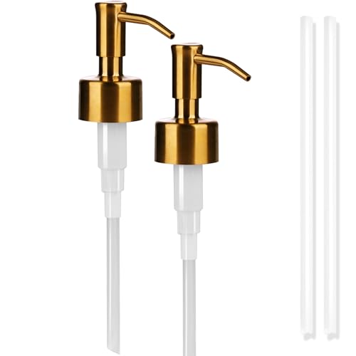 Image of Amoliar Mason Jar Liquid Soap Dispenser Lid, Stainless Steel Replacement Pump, Cute Farmhouse Decor for Dish Soap, Lotion, Hand Soap, Refillable Soap Pump, Golden 2 Pack, Waterproof Label, 2 Long Tube
