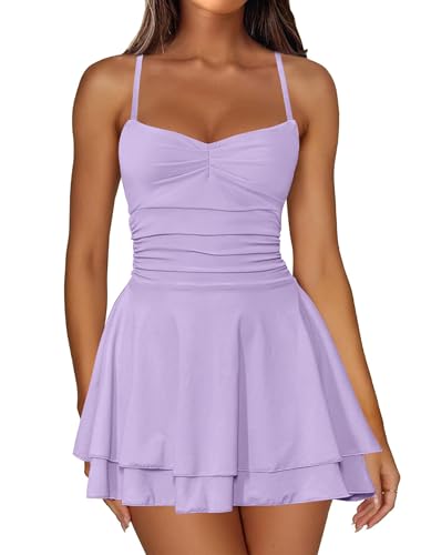 Image of IWD Women's Spaghetti Strap Mini Dress Ruched Corset Tiered Ruffle Hem Sexy Backless Party Club A Line Short Dresses