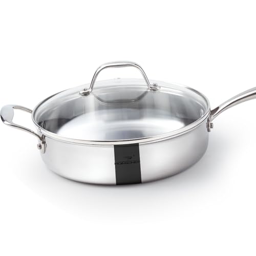 HOMICHEF Mirror Polished NICKELFREE Stainless Steel 3 Quart/ 9.5 Inch Saute Pan with Glass Lid (No Toxic Non Stick Coating, Whole-Clad 3-Ply) - Stainless Steel Saute Pan