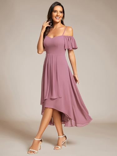 Image of Ever-Pretty Women's Summer Cold Shoulder Hi-Lo Asymmetrical Hem Flowy Chiffon Short Wedding Guest Dress 02103