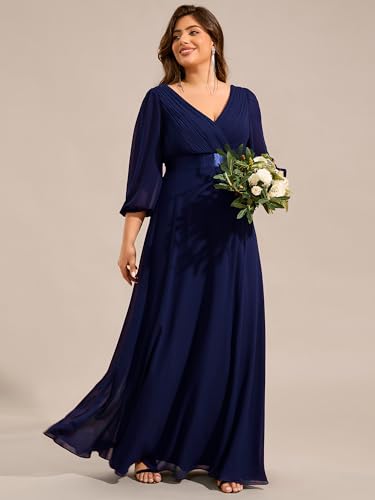 Ever-Pretty Plus Women's V Neck 3/4 Sleeves A Line Chiffon Pleated Plus Size Evening Gowns Floor Length Formal Dresses3