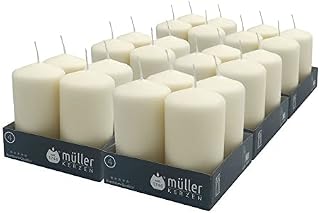 Müller Small Pillar Candle - Pack of 24 Unscented White Candles - 4,8 x 9 Cm - 16 Hours Burn Time Candles for Decoration - No Drip Wax - Smokeless Wick - RAL Quality - Made in Germany