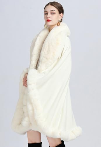 Image of Women Poncho Cape Faux Fur Collar Knitted Cardigan Sweater Batwing Long Sleeve Shawl Wrap Coat Oversized Cloak