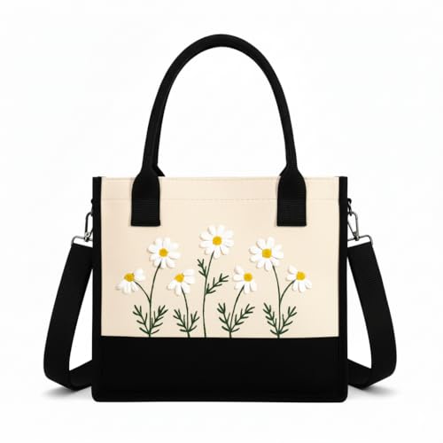 Image of Cotton Tote Bag For Woman Stylish | Embroidered Canvas Hand Bag With Floral Design | Casual Shoulder Bag Zipper For College Girls, Office, Daily Use, Travel, Beach, Shopping