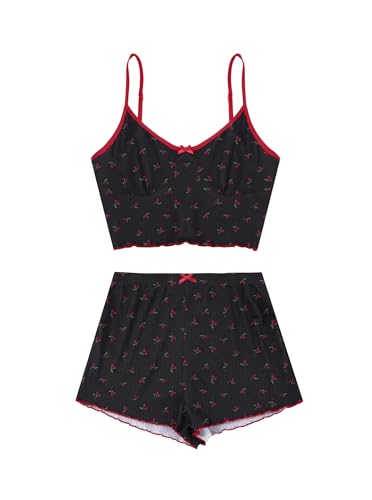 Image of Hilinker Womens Graphic Print Ribbed PJ Set Crop Cami Tops and Shorts Cute Pajamas Set
