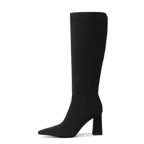 Meolee Knee High Boots for Women Chunky High Heel Long Boots Pointed Toe Leather Boots with Side Zipper
