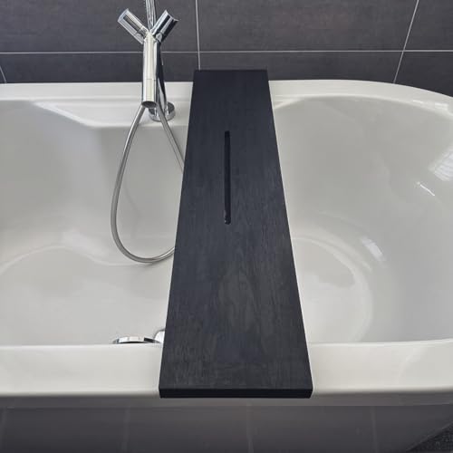 RuPS Premium Handmade Solid Wood Bathtub Tray/Bath Caddy for Bathroom, Bath Shelf/Table for Pool, Spa House, Tray with Mobile Holder. (Black)