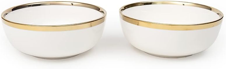 EZ Life Urbane Select Class Series China Bowl - Pack of 2-7 Inch Dinner Bowl (1100ml) - Glossy White with Gold Lining Matte Finish Serving Bowls - Home Kitchen - Serveware