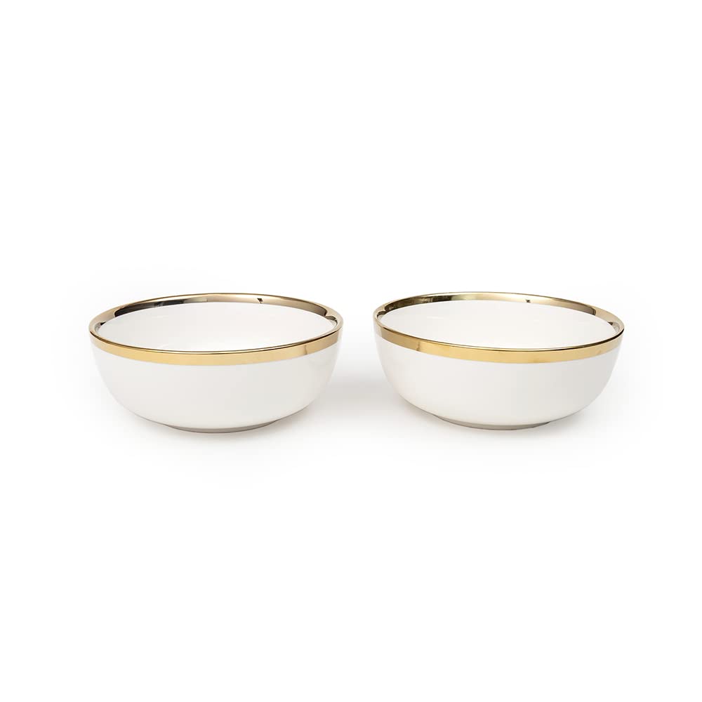 EZ Life Urbane Select Class Series China Bowl - Pack of 2-7 Inch Dinner Bowl (1100ml) - Glossy White with Gold Lining Matte Finish Serving Bowls - Home Kitchen - Serveware