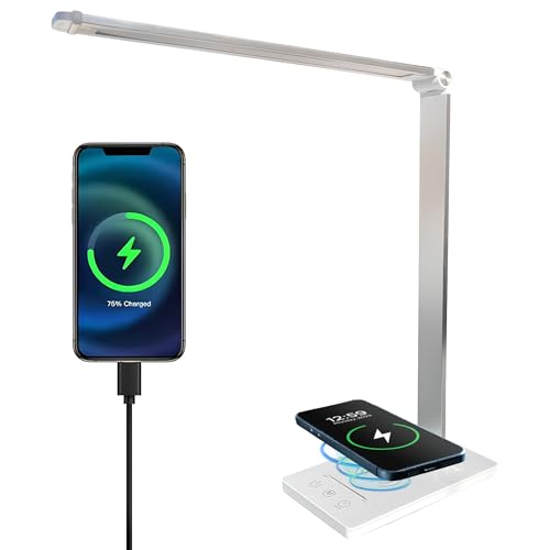 PRIME ESSENTIALS® Lámpara LED de Lectura Plegable para Escritorio I Flexo LED con Cargador Inalámbrico I 5 tonos de Luz y Brillo Ajustable para Oficina I Iluminación de Escritorio Táctil I Color Plata