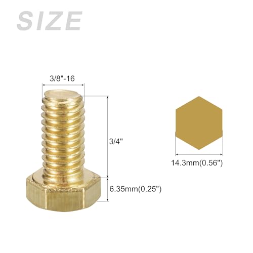 Image of METALLIXITY Hex Head Screw Bolt (3 /8-16x3 /4) 1Pcs, Brass Fully Threaded Solid Brass Hex Bolts Machine Screws - for Machinery Repair