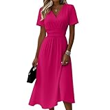 Kleider Damen Sommer Lang Tailliert Sommerkleid Damen Elegant Midi A Linie Kleid V Ausschnitt Midikleid Festlich Hohe Taille Sommerkleider Leicht Und Luftig Strandkleid Kurzarm Midikleider