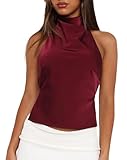 QLQLWDD Women Y2K Sleeveless Halter Neck Satin Top Open Back Mock Neck V Neck Cami Blouse Beach Party Going Out Streetwear (a Claret, S)