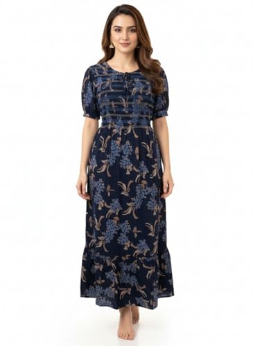 BellaMora Nighty| Nighty for Women Stylish| Alpine Nighty for Women| Night Gown for Women Stylish| Breathable Alpine Fabric| Smocking Patterns| Navy Blue