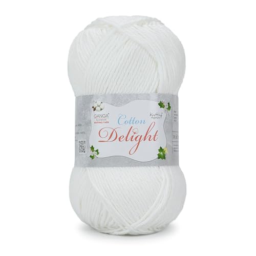 Image of Ganga Acrowools Cotton Delight, Dk Weight Cotton Yarn, Oekotex Class L Certified 100G, 169M (Plain White)