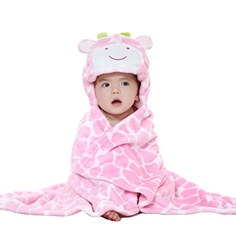 Image of TONWHAR 0-4 Years Toddlers' And Kids' Boys Girls Animal Face Hooded Blanket Baby's Bathrobe,Plush After Bath Blanket(Pink Cow)