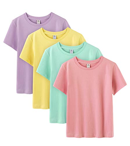 LAPASA Pack de 4 Camiseta para Niño o Niña Unisex de Manga Corta Algodón K01 (6-7 Años (Largo 46 cm, Pecho 36 cm), Macaron Colors (Violeta, Amarillo, Aguamarina))