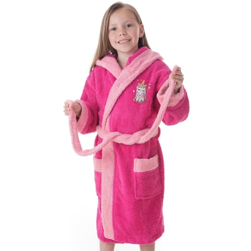Dhestia Home - Albornoz Infantil Niña Algodón Natural 100% Capucha y Bolsillos Sweet Dreams - Color FUCSIA, Talla Talla 6/8 Años