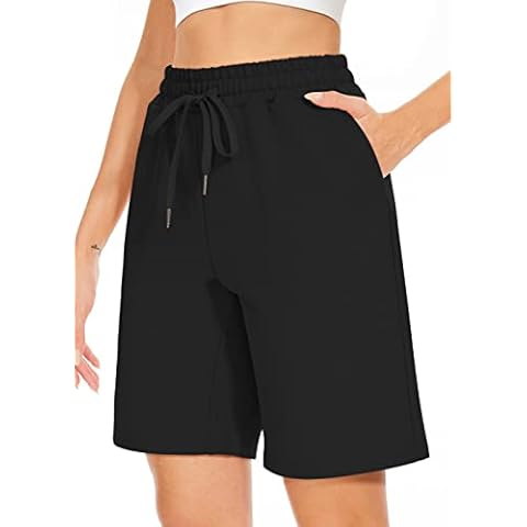 TARSE Women's Bermuda Shorts Summer Long Cotton Drawstring Loose Pocket Knee Length Shorts Yoga Casual Walking Exercise Shorts(Black,M) Cover