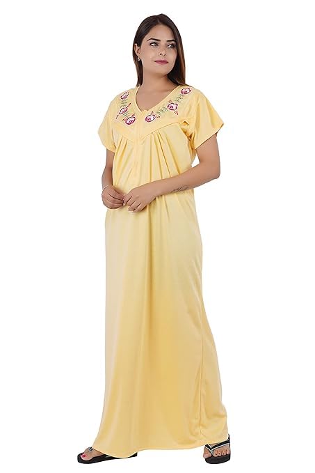 Image of Onekbhalo Women's- Full Sleeves-Feeding- Nursing- Maternity Nighty /Maxi /Gown /Nightdress /Nightwear- Hosiery Cotton Fabric- Floral Print- Embroidery with Zip