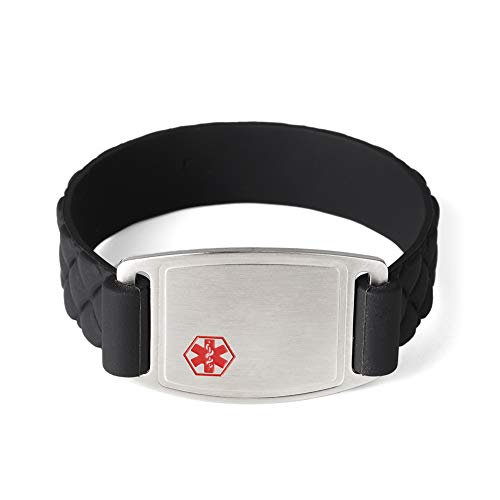 BAIYI Stainless Steel Rubber Medical Alert ID Sports Bracelet for Men and Women Black Free Engraving