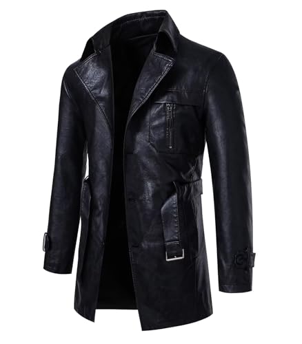 INVACHI Men's Faux Leather Trench Coat Mid-Length PU Motorcycle Jacket with Belt Waterproof Windbreaker