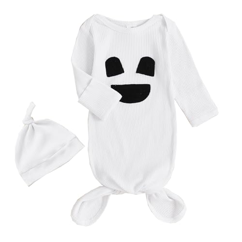 Image of Newborn Boy Girl Coming Home Outfit Baby Infant Sleeper Gown Nightgown Outfits Cute Fall Winter Pajamas and Hat (Halloween Ghost White, 0-3 Months)