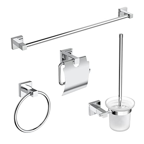 EMKE Juego de 4 toalleros de Acero Inoxidable para baño, Accesorios de baño, autoadhesivos, para Pared, para Toallas, con decoración y Barra de Toalla de 60 cm, cromada