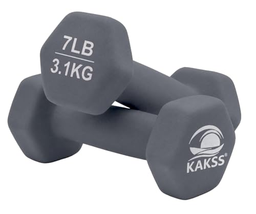 Image of KAKSS Neoprene Dumbbell Set of 2 (7 lb / 3.2 Kg Each), Grey Hex Dumbbells with Cast Iron Core and Non-Slip Coated Grip, Hand Weights for Home Workout Equipment and Gym Dumbbell for Women and Men