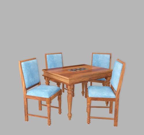 Image of MoonWooden Solid Sheesham 5-Piece Wooden Dining Set with Carved Back Chairs, Sheesham Wood Table and 4 Sky Blue Cushioned Chairs, Natural Finish