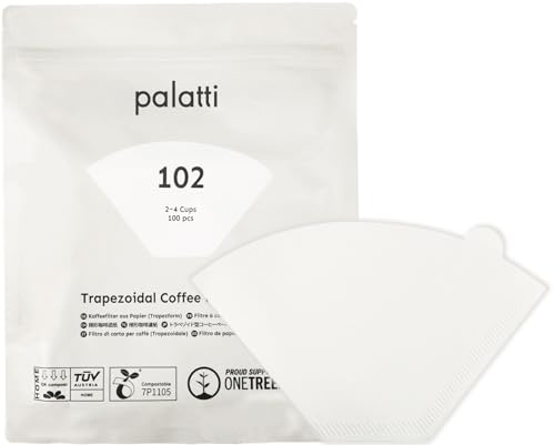 Image of Palatti 102 Trapezoidal Cone Coffee Paper Filters (100 count) for #2, 1x2 and 102 Style in Size 2 Pour Over Makers and Drippers, with Reclosable Zip Bag as a Convenient Filter Holder