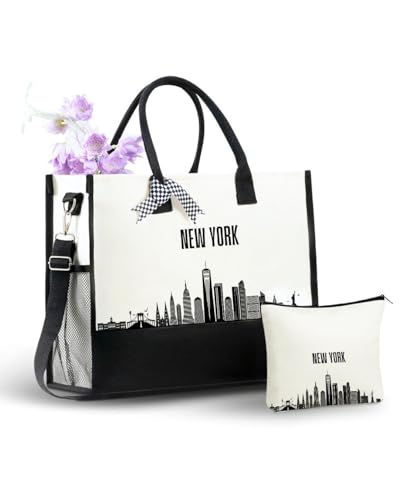 Image of InnoBeta New York City Skyline Gifts Canvas Tote Bag for NYC Lovers, Women, NYC Themed Gifts Bag with Top Zipper Closure and Shoulder Strap, Skyline Map Gifts or Birthday, Thanksgiving, Christmas