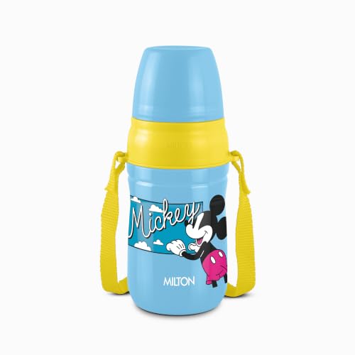 Image of MILTON Disney Kool Cheer 400 Plastic Insulated Thermo Water Bottle with Straw for School Kids I Food Grade, Leak Proof Lid with Hands free sipper, Easy to Carry Loop, Picnic, BPA Free, 390 ml,Sky Blue
