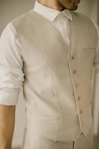 Men's Casual Linen Suit Set 2 Piece Slim Fit Beach Wedding Suits Prom Groomsmen Tuxedos Vest Pants4