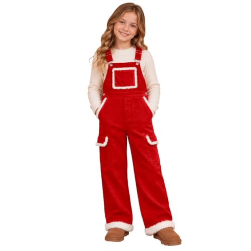 Girls Christmas Corduroy Overalls Fuzzy Trim Wide Leg Xmas Holiday Jumpsuit - image 2