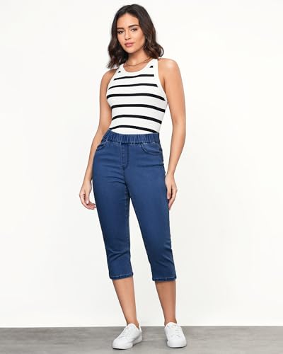 GRAPENT Capris Jeans for Women High Waisted Trendy Pull On Elastic Waist Split Hem Skinny Stretchy Denim Capri Pants2
