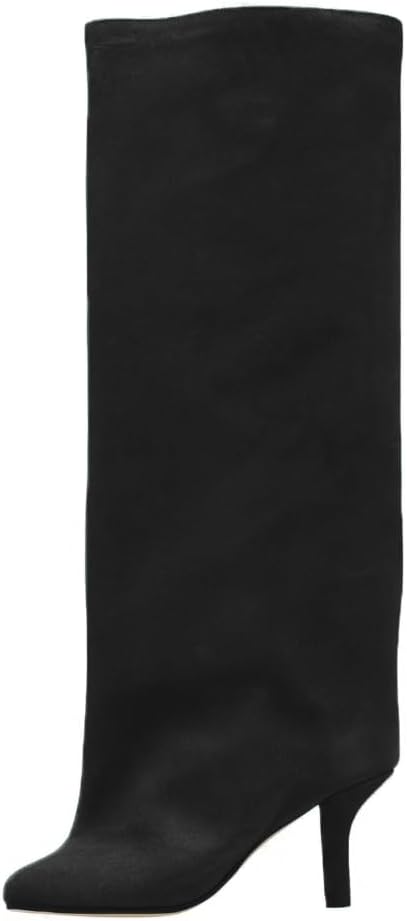 Women's Knee High Boots Nude Suede Wide Calf Stiletto Long Booties Square Toe Pull On High Heel Riding Boots for Women Ladies Fahion Dress Tall Boots - Image 5