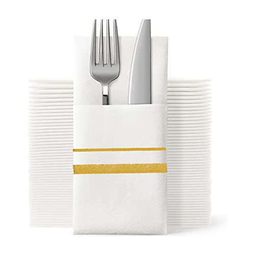 SUZZYVINE Disposable Golden Dinner Napkins with Built-in Flatware Pocket,Cloth Like Lunch Napkins for Wedding Party Linen Feel 100 Count 16" x 16"
