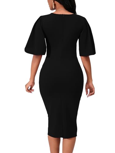 Womens Basic Bodycon Ruffle Flared Short Sleeve Pencil Midi Dress2